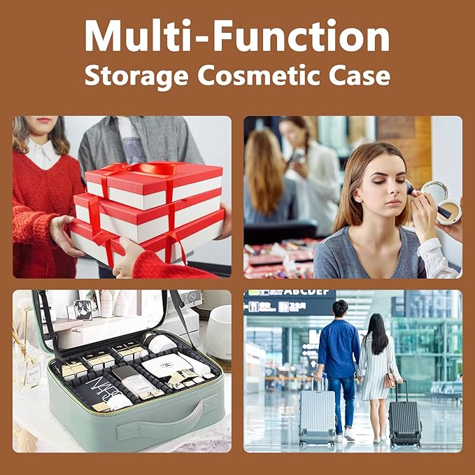 Makeup Bag with Led Mirror,Large Vanity Makeup Cases with 3 Color Setting,Portable Storage and Adjustable Dividers,for Women and Makeup Artists Cosmetic Organizer Travel Makeup Bag-Light Brown