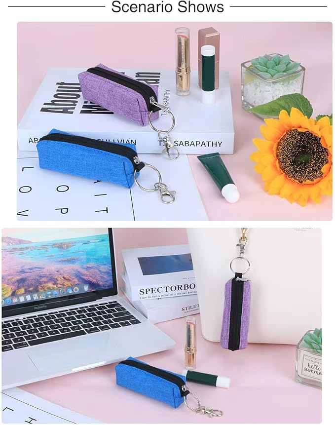 Chapstick Holder Lip Balm Sleeve Pouch Lipstick Holder Bag Lip Gloss Holder With Hook Stocking Stuffers Gift for Women (Blue，purple)