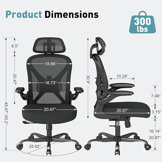 Ergonomic Office Chair with Adjustable Lumbar Support and Headrest, Mesh Home Office Desk Chair with Flip-up Arms and Wheels, Black