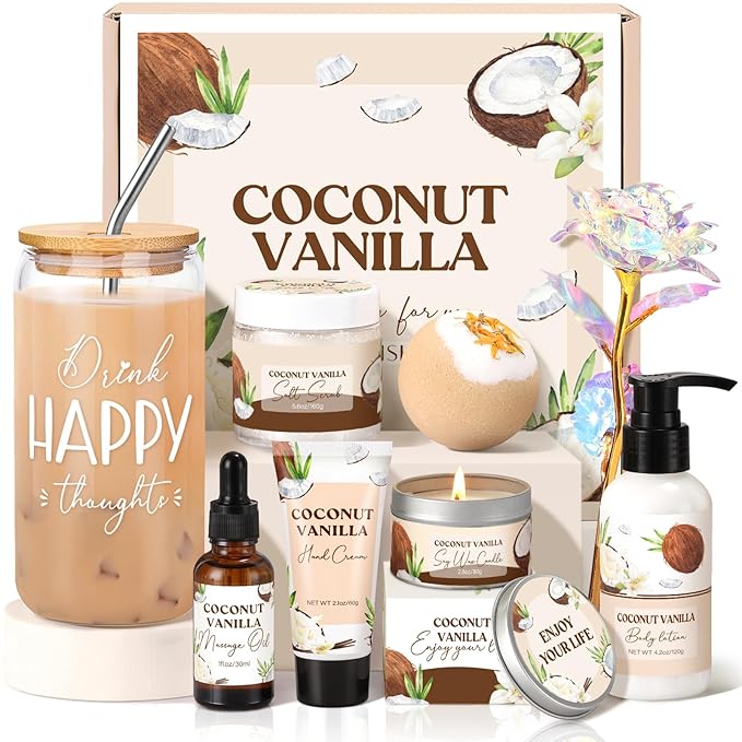 Spa Gift Baskets for Women, Vanilla Coconut Bath and Body Gifts Set for Women, Home Spa Self Care Gift, Relaxing Bath Set for Mom Wife Sister Friends Sister Girlfriend, Mother’s Day Thank You Gifts