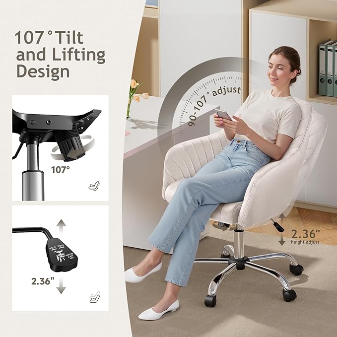Warmiehomy Velvet Desk Chair for Home Office, Modern Adjustable Swivel Task Chair, Women Vanity Chairs with Arm Rest for Bedroom Dressing Room, Beige