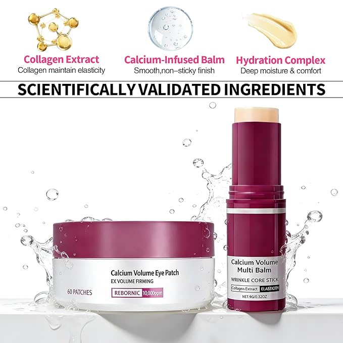 Eye Care Set - Calcium Multi Balm Stick + Deep Hydrating Under Eye Patches 30 Pairs, Nourishing Calcium Volume Balm, Collagen Moisturizing, Gentle on Skin, Eyes Care & Daily Skincare