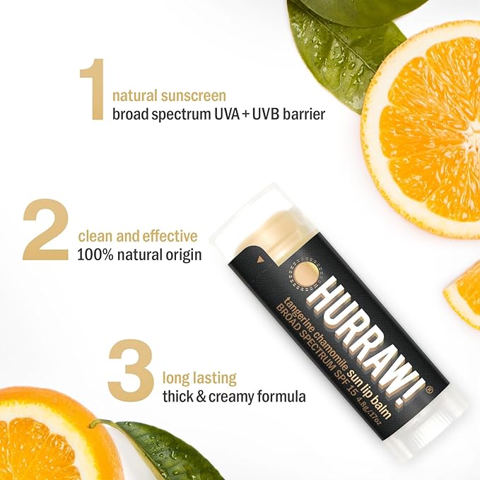 Hurraw! Sun Lip Balm (Zinc Oxide Protection, Broad Spectrum SPF 15, Tangerine, Chamomile): Organic, Certified Vegan, Gluten Free. Non-GMO, 100% Natural. Bee, Shea, Soy and Palm Free. Made in USA