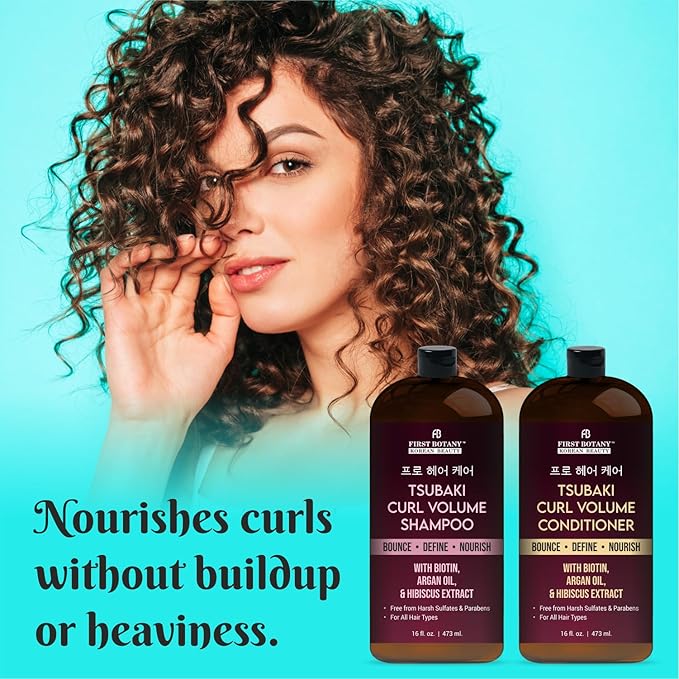 Curl Volume Shampoo & Conditioner Set – With Tsubaki, Biotin, Argan Oil & Hibiscus Extract – Bounce, Define & Nourish Curls – Sulfate Free, Paraben Free, For All Hair Types – 16 fl oz
