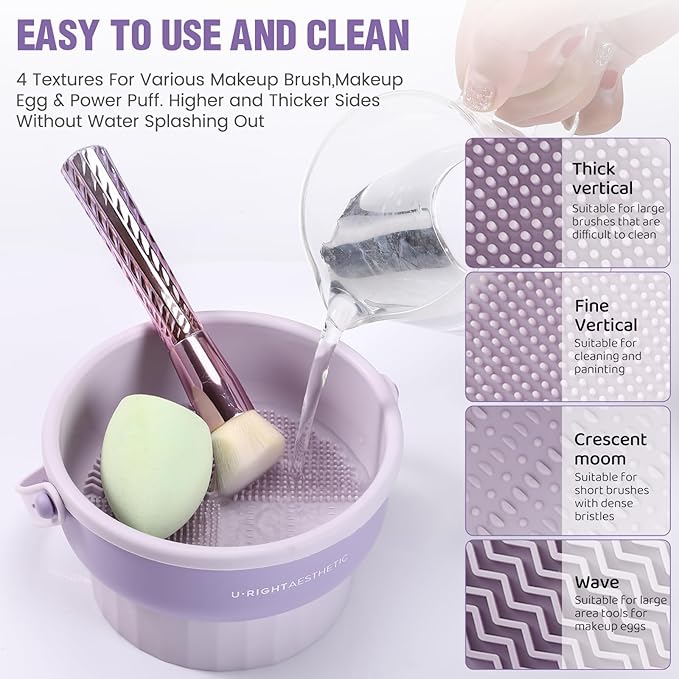 2 Pack Makeup Brush Cleaner Mat 3 in 1 Silicone Makeup Brush Cleaning Bowl Makeup Brush Sponge Scrubber Tool for Cleaning, Storage and Upside Down Drying, (Two Purple)