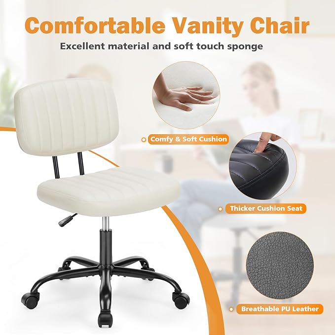 Sweetcrispy Small Office Computer Desk Chair with Wheels and Lumbar Support, Comfy Cute Armlees PU Leather Vanity Rolling Swuvel Task Chair No Arm for Adult, Student, Crame White