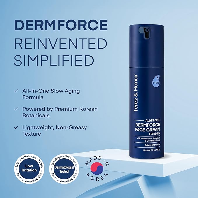 TEREZ & HONOR 6-in-1 Face Cream for Men: Korean DermForce Anti-Aging Moisturizer with Niacinamide, Bakuchiol & 5-CICA – Hydrates, Smooths & Helps Reduce Wrinkles, Dark Circles & Eye Bags – 2.8 oz