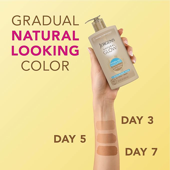Jergens Natural Glow Hydra Gel Moisturizer, Hyaluronic Acid Tanning Lotion, Hydrating Tanning Gel, Fragrance-Free Self Tanner, Fair to Medium Skin Tones, 8.3 Fl Oz