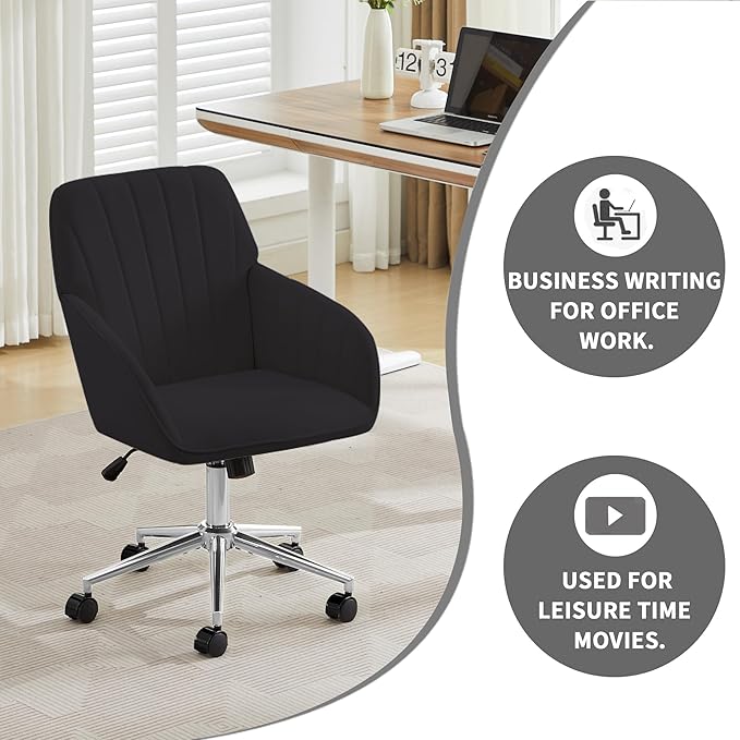 YITAI Velvet Office Desk Chair with Wheels and Silver Base,Modern Height Adjustable 360 Degree Swivel Upholstered Vanity Chairs with Arms for Living Room Bedroom, Study,Black