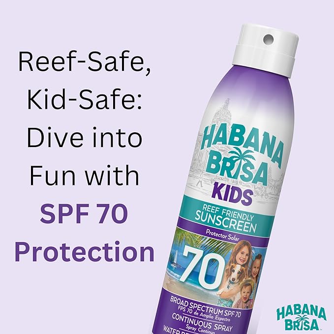 Habana Brisa Kids Sunscreen Spray SPF 70, Hawaii 104 Reef Act Compliant | Octinoxate & Oxybenzone Free | Broad Spectrum UVA/UVB Protection, Water Resistant Sun Protection for Sensitive Skin, 6 Oz