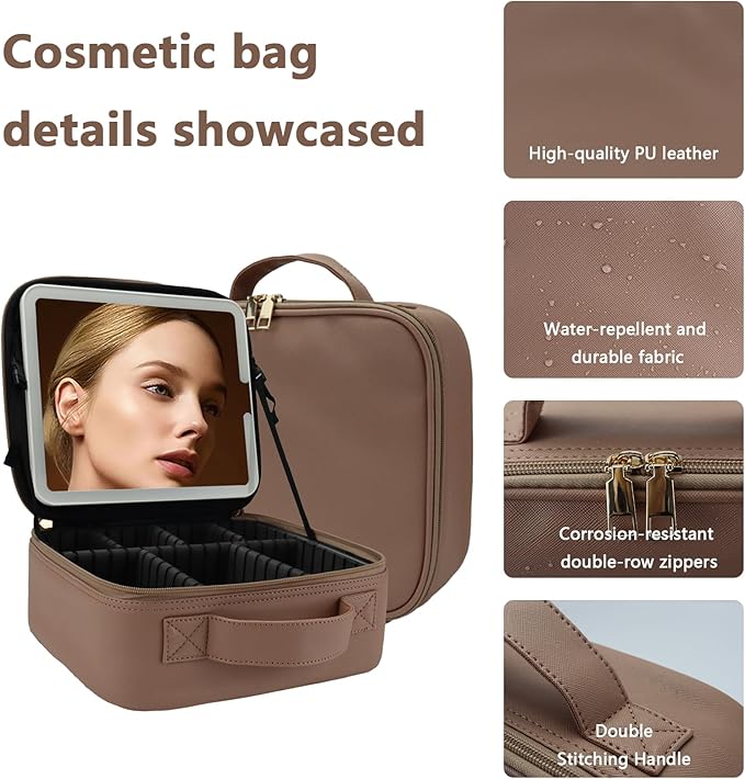 Makeup Bag with Led Mirror,Large Vanity Makeup Cases with 3 Color Setting,Portable Storage and Adjustable Dividers,for Women and Makeup Artists Cosmetic Organizer Travel Makeup Bag-Mocha