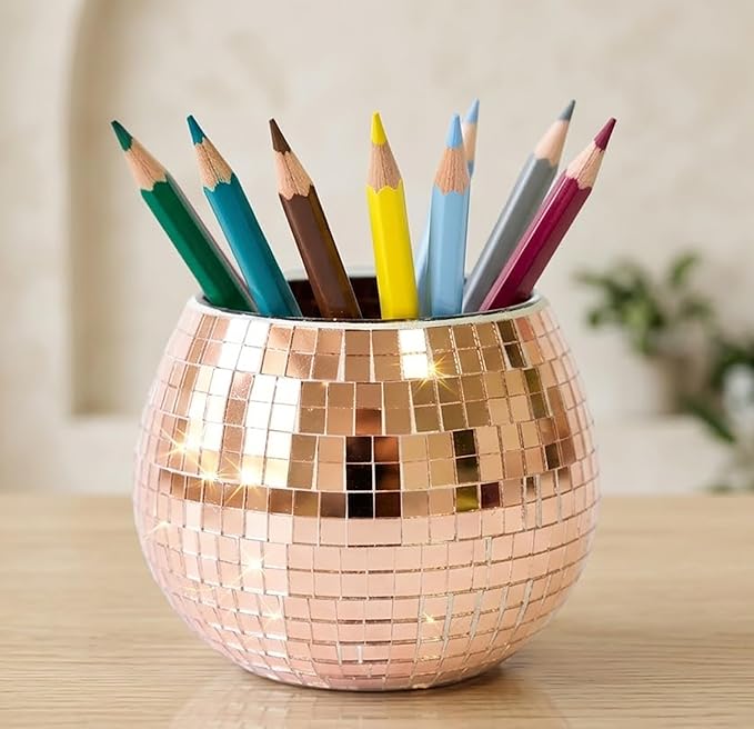 2 Pack Glass Disco Ball Makeup Brush with Smooth Grouting - Premium Mirror Mosaic Pencil Cup for Desk, Cute Pen Holder, Aesthetic Room Decor Gift (rose gold)