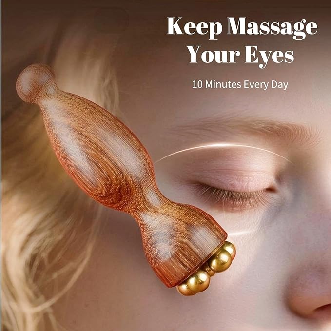 Mini Ice Roller, Sandalwood Facial Massage Tool, 5 Copper Beads for Face and Eyes, Travel Size
