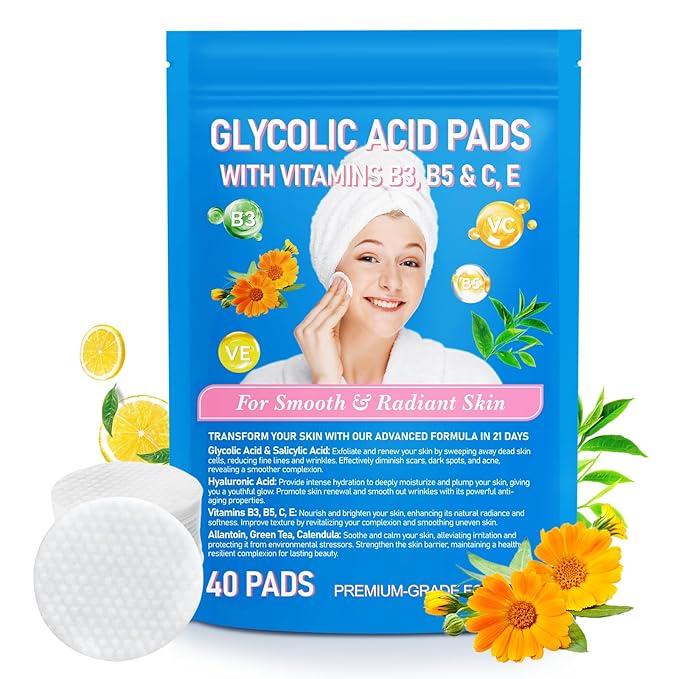 Glycolic Acid Pads for Face with Vitamins B3,B5,C & E, Green Tea, Calendula, Allantoin, Exfoliates Surface Skin and Reduces Fine Lines and Wrinkles-40pcs
