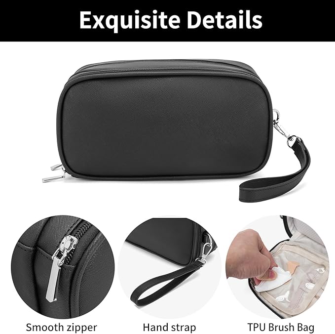 Makeup Bag for Women, Wide-open Makeup Organizer with Makeup Brush Holder, Waterproof Cosmetic Bag with Compartment, Portable Travel-Size Toiletry Bag for Traveling, Large Make Up Bag (Black)