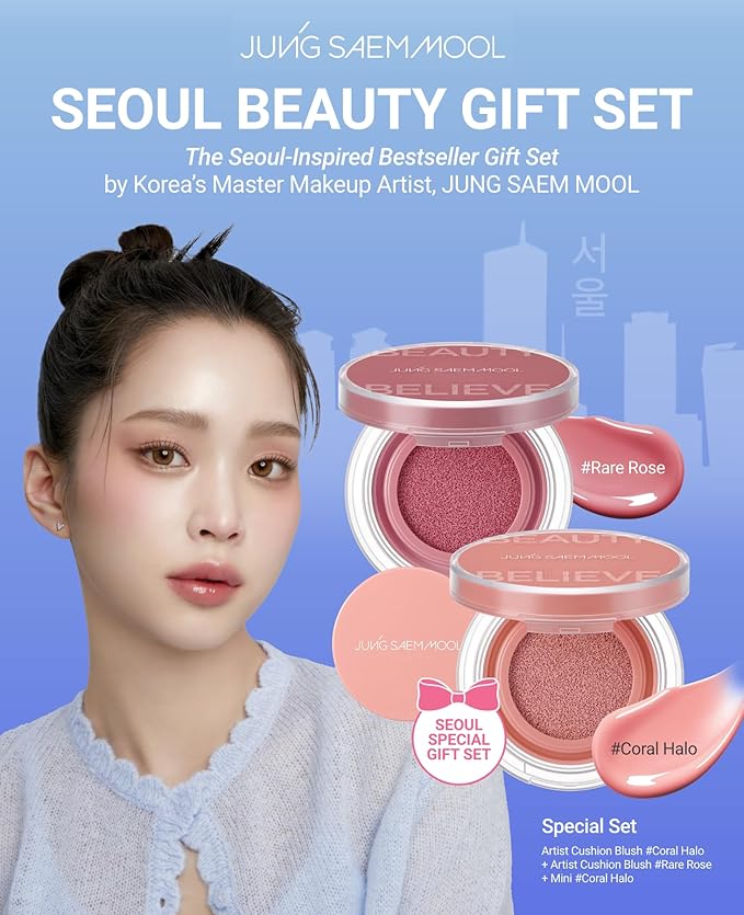 JUNG SAEM MOOL Artist Cushion Blush | Easy to Blend with Puff, Buildable Liquid Blush for Cheeks with a Natural & Dewy Finish, Korean Makeup (Dewy Gift Set | Coral Halo & Rare Rose)