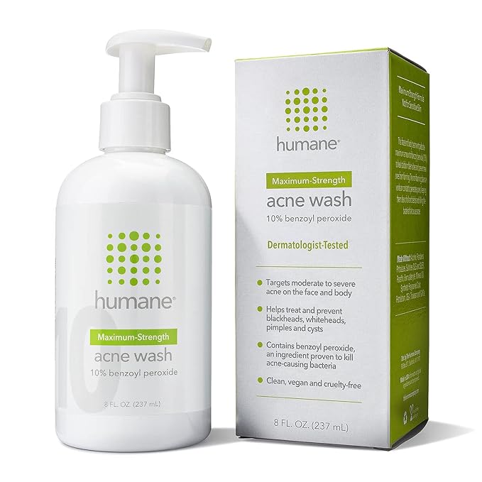 humane Benzoyl Peroxide Acne Body Wash - 10% Maximum-Strength Face, Skin, Butt, and Back Acne Treatment - 8 Fl Oz - Dermatologist-Tested Non-Foaming Acne Face Wash Cleanser - Vegan, Cruelty-Free
