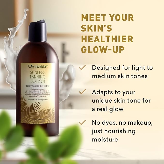 Sunless Tanning Lotion - Light to Medium tones | Indoor Self- Tanner | Body Tanning Lotion | Sun- Kissed Glow| Bronzer Lotion For All Skin Types |Just Nutritive | 8 Oz