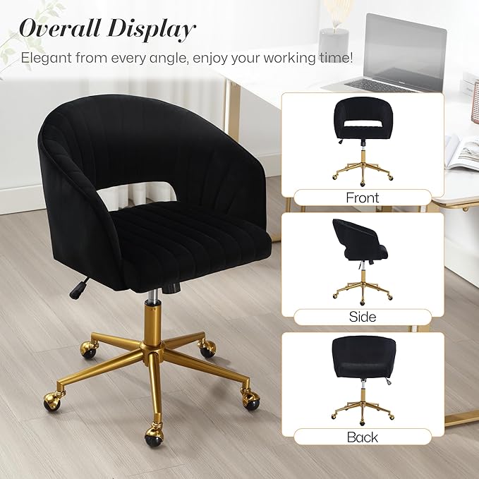 Home Office Swivel Desk Chair, Modern Velvet Vanity Chair, Height Adjustable Armchair with Gold Base, Ergonomic Office Chair for Task Study Computer Room, Black