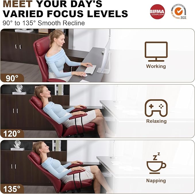 Office Chair, Leather Desk Chair with Rubber Wheels, Ergonomic Computer Chair 500 LBS with Lumbar Support, High Back Executive Chair for Modern Home Office, Red