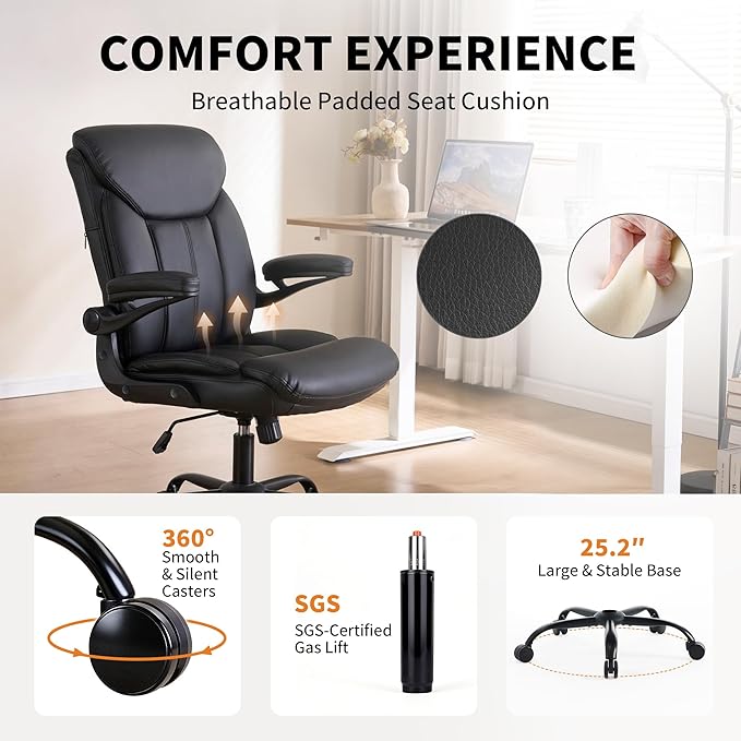 Home Office Ergonomic Desk Chair - Comfy Leather Executive Chair with Flip-Up Armrests, Lumbar Support, 360° Swivel & Rocking(Black)