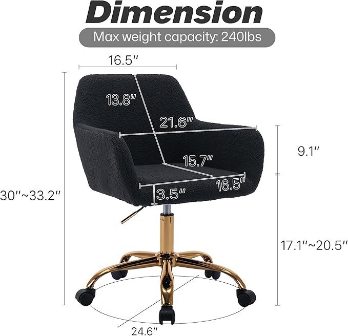 KCC Faux Fur Office Desk Chair, Comfy Swivel Armchair with Wheels, Upholstered Fuzzy Vanity Chair, Adjustable Seat Height, Black