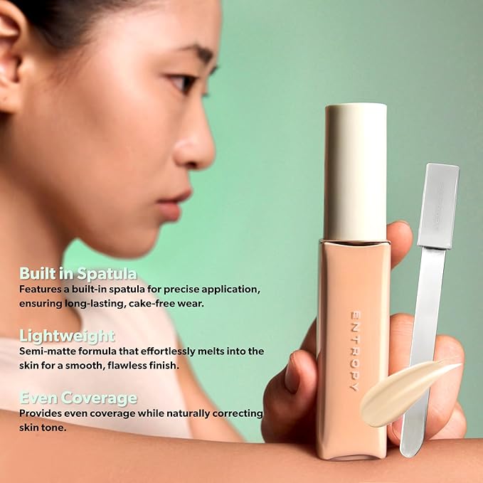 ENTROPY MAKEUP Organza Fit Spatula Foundation, Sheer to Medium Coverage, Built-In Spatula Applicator, Natural Finish, Flawless Skin, Long-Lasting Ultra Lightweight, Korean Makeup, #21.1