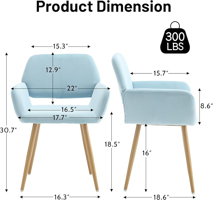 KCC Small Modern Dining Room Arm Chairs Set of 2, Mid-Century Upholstered Velvet Side Seat Club Guest with Metal Tube Legs for Kitchen, Living Room, Blue