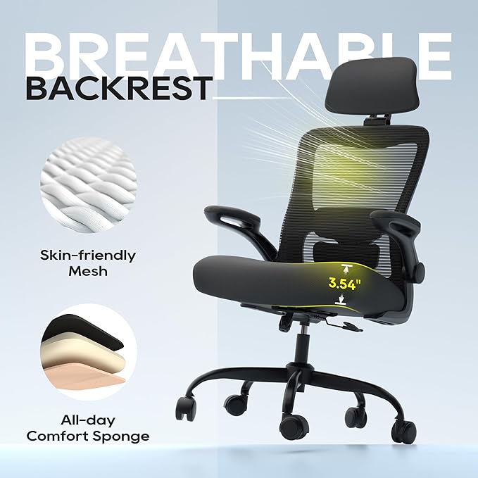 Ergonomic Office Chair, High Back Mesh Desk Chair with Adjustable Lumbar Support & Headrest, Flip-up Armrest, Computer Task Chairs for Home and Executive Office (B-Black)
