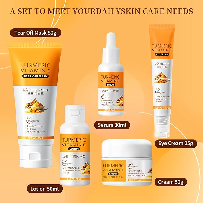 Turmeric Skin Care Set for Women, 5Pcs Hydrating & Nourishing Facial Care Kit with Cleanser, Toner, Serum, Eye Cream & Moisturizer – Soothing & Revitalizing Daily Skincare Gift Set