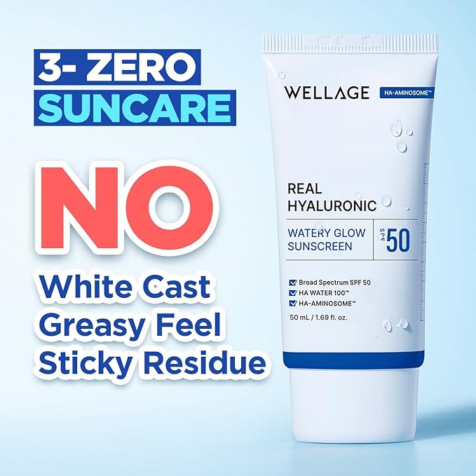 WELLAGE Real Hyaluronic Watery Glow Sunscreen Double Set SPF50 - Broad Spectrum UV Protection with 6 Types Hyaluronic Acid, No White Cast, K-Beauty Face Sunscreen, 1.69 fl.oz x 2 Pack