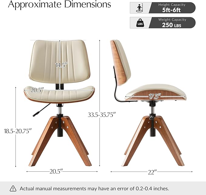 HULALA HOME Faux Leather Home Office Chair with Solid Wood Legs, 360° Swivel Desk Chair No Wheels with Bentwood Design, Mid-Century Modern Wide Seat Computer Task Chair, Ivory