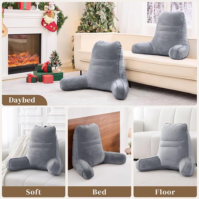 Sasttie Reading Pillow for Bed - 23 Inch, Back Pillow for Bed Sitting Up, Back-Rest Support Cushion with Side Pockets and Arms, Dorm Essentials, Oeko-Tex Certified, Dark Grey
