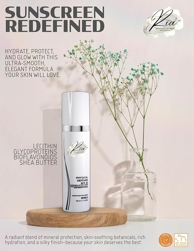 Ria Physical Defense SPF 40 Sunscreen & Moisturizer – Broad Spectrum Face Lotion with Vitamin E – Lightweight, Non-Greasy Daily Skin Protection, 2.1 fl oz