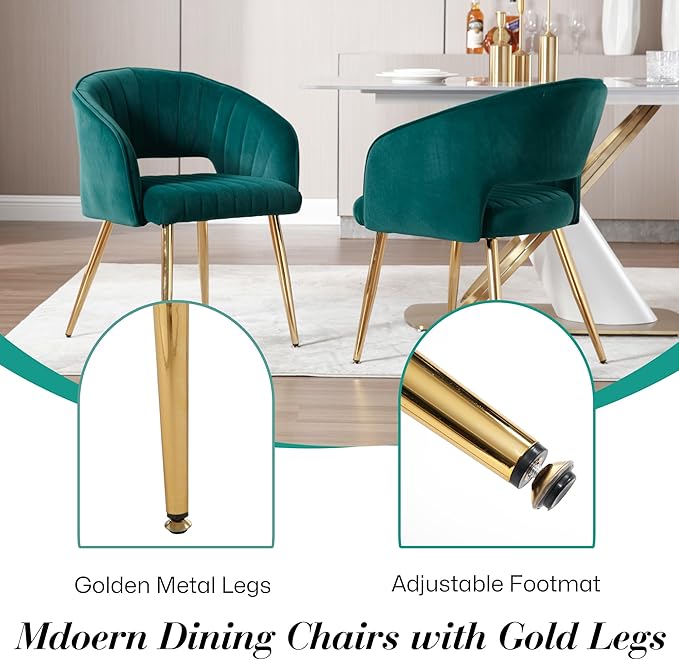 Modern Velvet Vanity Chair, Home Office Desk Chair with Hollow Back, Upholstered Dining Chair with Gold Metal Legs, Comfy Accent Armchair for Living Room Bedroom, Dark Green
