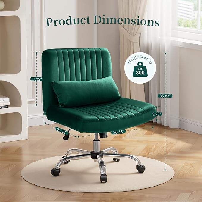 Warmiehomy Velvet Criss Cross Office Chair with Wheels, Luxury Cross Legged Desk Chair for Bedroom, Armless Wide Seat Computer Chair, Modern Vanity Chair, Gift for Teens & Girlfriend, Dark Green