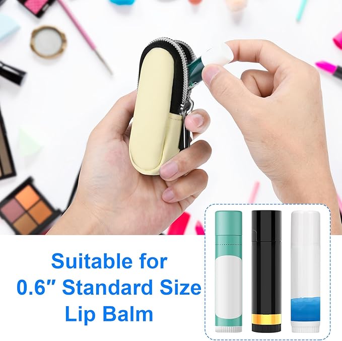 Portable Lip Balm Organizer Case with Keychain, Travel Chapstick Holder Storage Bag, Waterproof Small Cosmetic Organizer, Anti-Lost Lipstick Lip Gloss Sleeve Pouch Keeper Case (Beige, Small)