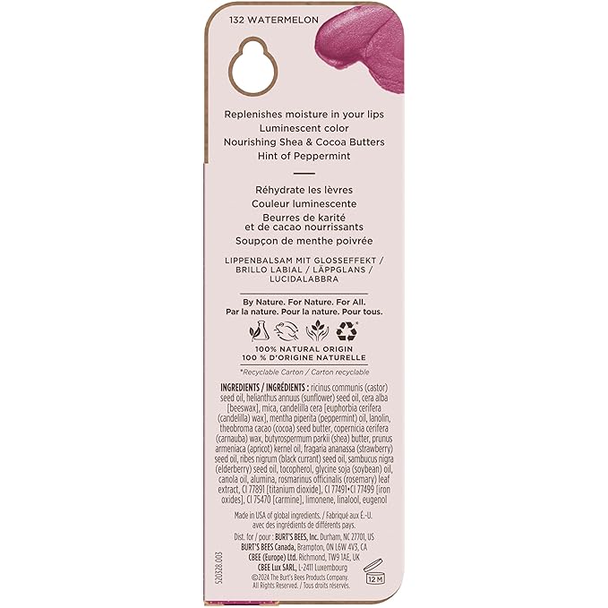 Burt's Bees Shimmer Lip Tint, Tinted Lip Balm Stick, Moisturizing for All Day Hydration with Natural Glowy Pigmented Finish & Buildable Color, Watermelon, 1 Tube, 0.09 oz. (Pack of 2)