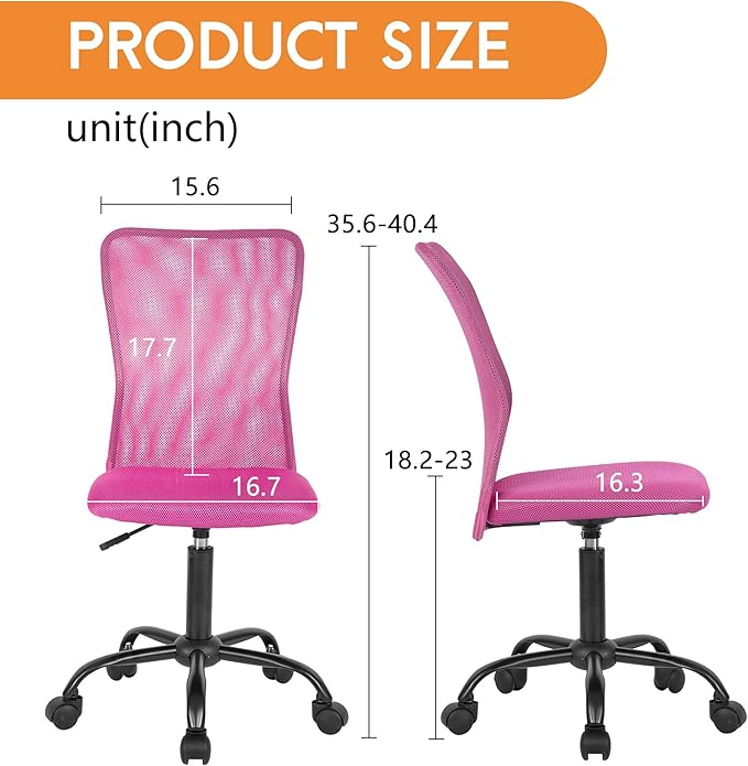 FDW Home Office Chair Mid Back Mesh Desk Chair Armless Computer Ergonomic Task Rolling Swivel Chair Back Support Adjustable Modern with Lumbar Support (Pack of 2, Pink)