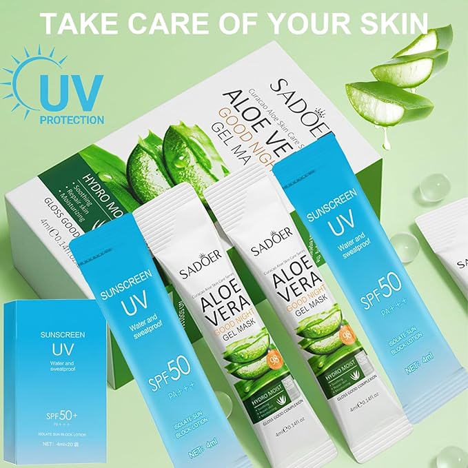 20PCS Mini Sunscreen & 20PCS Mini Aloe Vera Gel - Travel Size Bulk Sunscreen & Aloe Vera Gel (4ml Each), Lightweight & Non-Greasy & Hydrating, Perfect for Outdoor Party, Thank You Gifts, Daily Use
