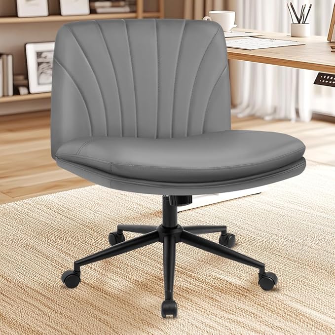 NEO Chair Criss Cross Chair with Wheels Armless Cross Legged Office Desk Wide Comfy Vanity Makeup Chair Adjustable Swivel Rolling Computer for Home Office PU Leather (Grey)