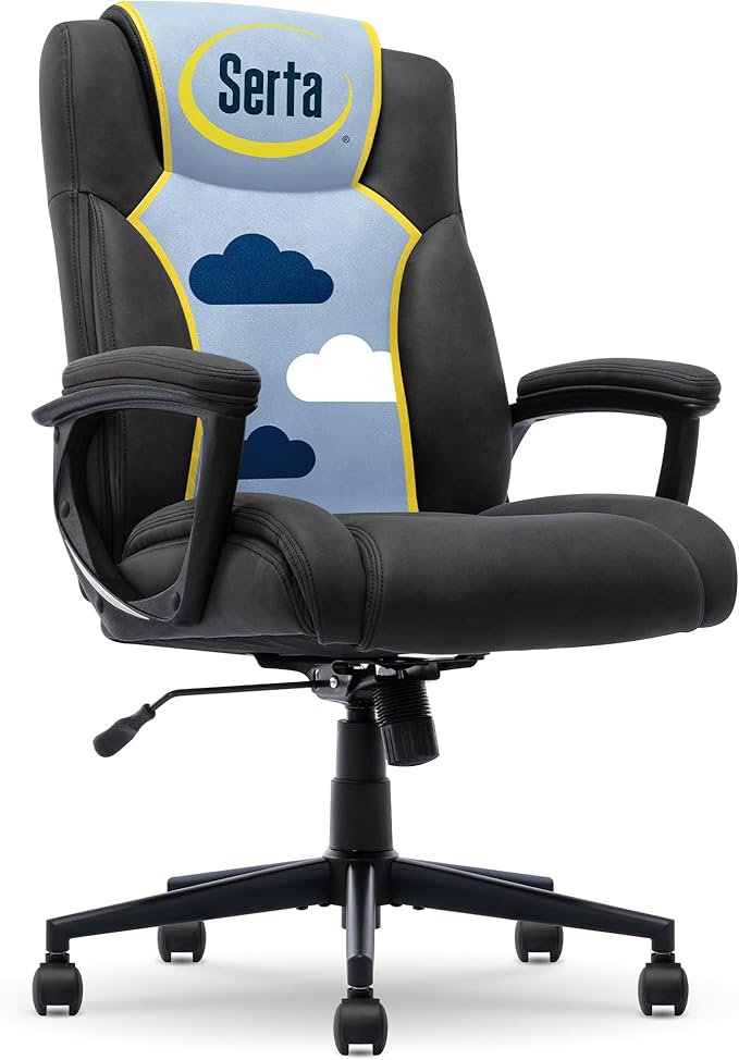 Serta Comfort Eco Office Chair, Ergonomic Mid-Back with Lumbar Support, Semi-Plush Seat Cushion and Layered Body Pillows, Padded Armrests, Metal Swivel Base, Soft Velvet Fabric, Black