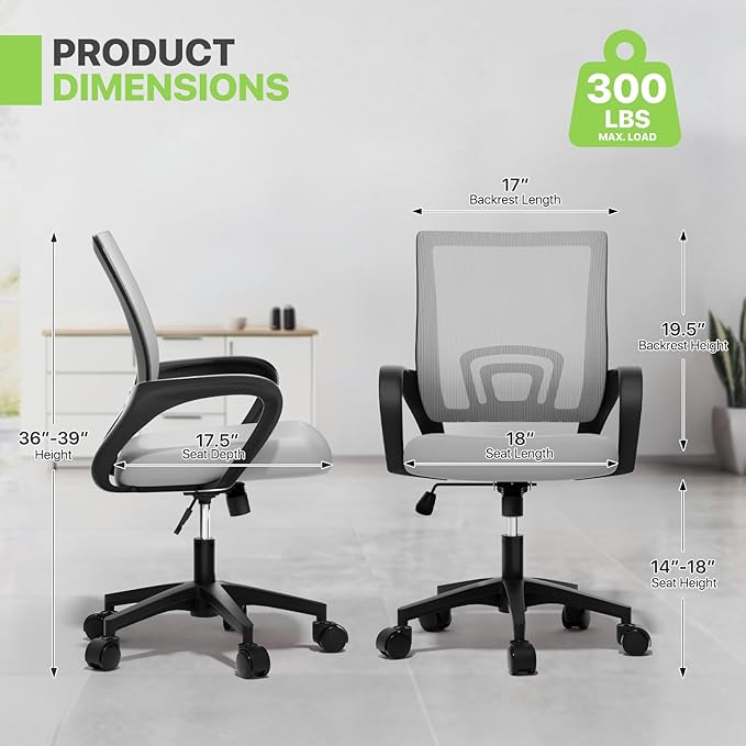 Magshion Ergonomic Office Chair 20 Pack, Mid-Back Mesh Desk Chair, Adjustable Swivel Computer Chair with Lumbar Support & Breathable Backrest for Gaming, Work, Study, 300 Lbs Capacity, Light Gray