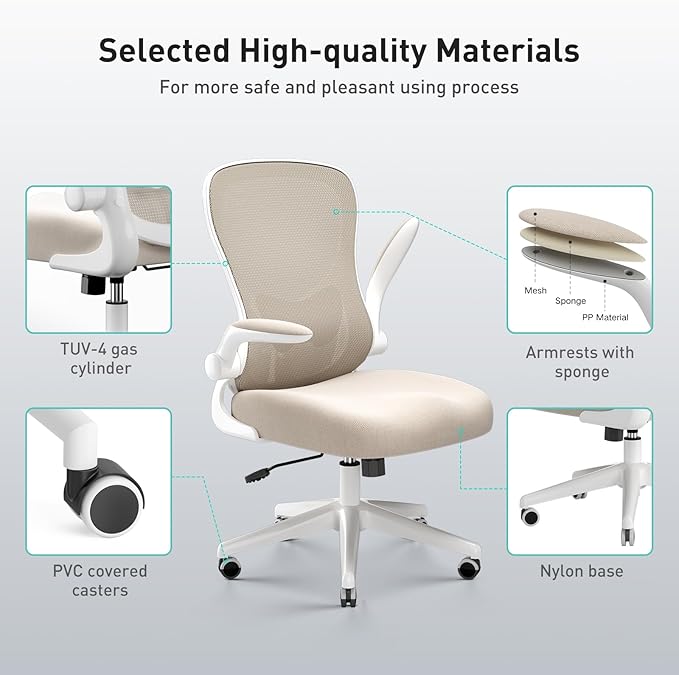 Hbada Office Chair Ergonomic Desk Chair, Office Desk Chairs with PU Silent Wheels, Breathable Mesh Computer Chair with Adjustable Lumbar Support, Flip-up Armrests, Tilt Function, Grey