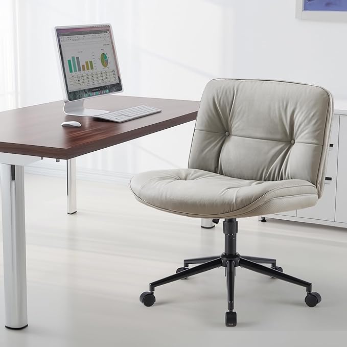 Sweetcrispy Armless-Office Desk Chair with Wheels, Cross Legged Wide Chair, PU Leather Comfortable Adjustable Swivel Computer Task Chairs for Home,Office,Make Up,Small Space,Bed Room Grey