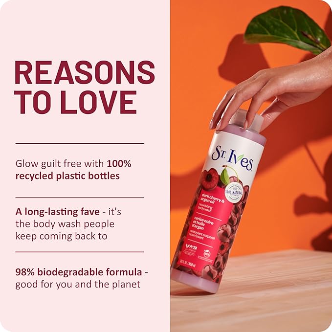 St. Ives Dark Cherry & Argan Oil Body Wash, Nourishing Body Care with 100% Natural Extracts, Moisturizing Body Soap, Daily Shower Gel Cleanser with Sweet Cherry Fragrance, 22oz