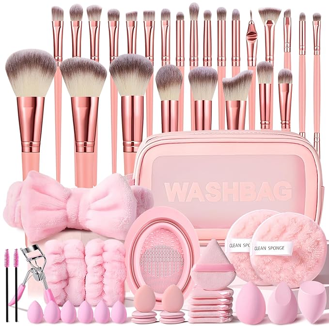KUORYZAL Pink Makeup Brushes Set Professional 56Pcs with Case Premium Synthetic for Foundation Concealer Blush Eyeshadow Powder Contour Makeup Brush Kit Face Eye Make up Brushes & Tools