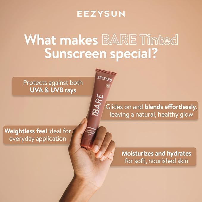 BARE Tinted Sunscreen for Face SPF 50 - Non-Greasy, Weightless, Water-Resistant, Vegan & Reef-Safe Tinted Moisturizer with SPF, Hyaluronic Acid, Jojoba Oil - All Skin Types, 1.69 fl oz - Deep