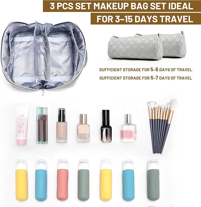 BOYATU Travel Makeup Bag Organizer: 3 Pcs Set Large Capacity Cosmetic Bags Holds 10–20 100ml Full-Size Bottles - 180°Open-Flat Make up Case 3-sec touch-up - Toiletry Bag Gift women (03-A-Gray)