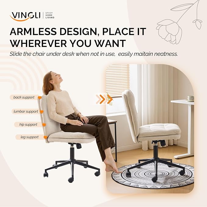 VINGLI Mid Back Armless Office Desk Chair with Wheels/no Wheels,360°Rocking Swivel Vanity Chair with Thickened Cushion,Adjustable Height Rolling for Reading Room, Make up,Linen Beige